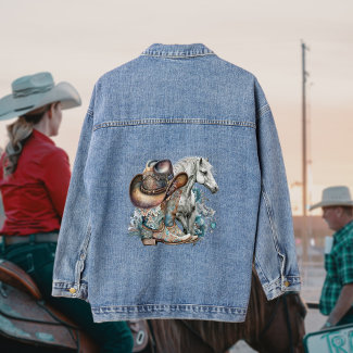 Cowgirl horse cowboy boots hat floral western personalized western denim jackets