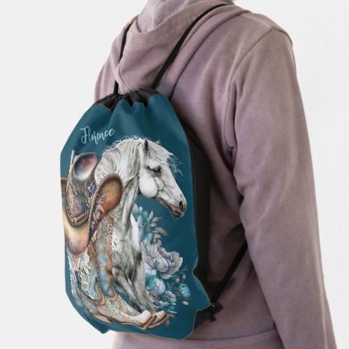 Cowgirl horse cowboy boots hat floral western  drawstring bag