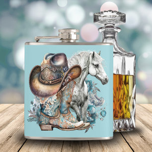 Cowgirl horse cowboy boots hat floral western flask