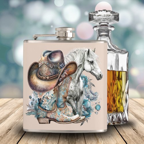 Cowgirl horse cowboy boots hat floral western  flask