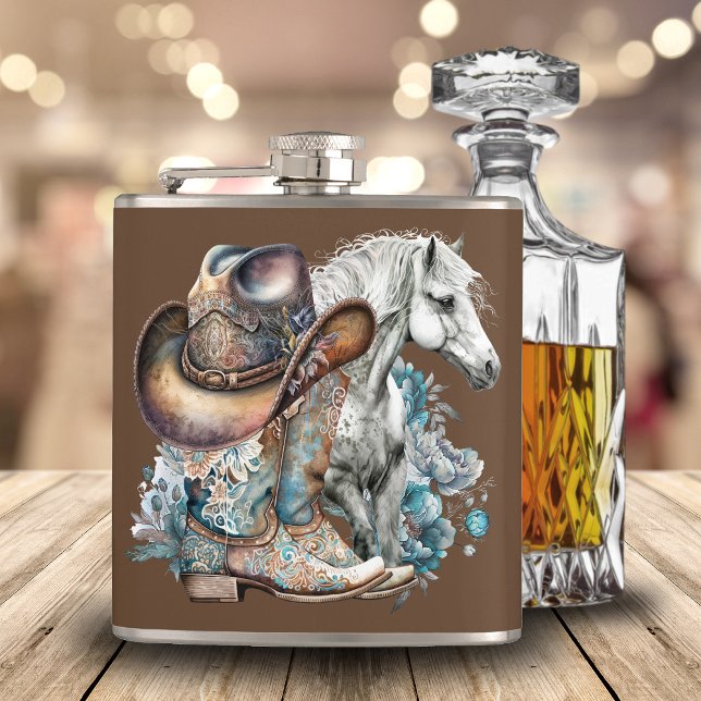 Cowgirl horse cowboy boots hat floral western  flask (Western cowgirl floral cowboy boots, hat, turquoise and brown personalized flask.)