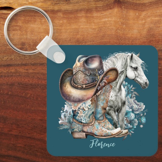 Cowgirl horse cowboy boots hat floral western  keychain (Front)