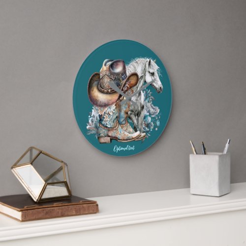 Cowgirl horse cowboy boots hat floral western  large clock