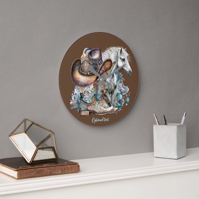 Cowgirl horse cowboy boots hat floral western  large clock (Office)