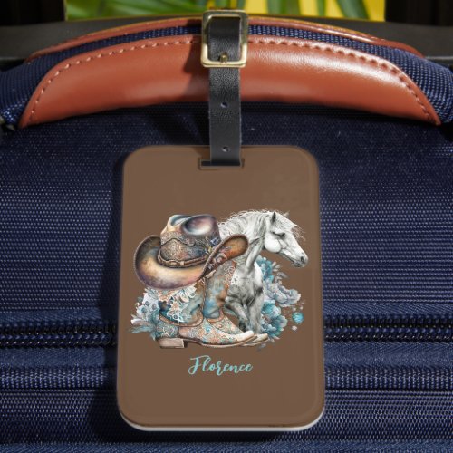 Cowgirl horse cowboy boots hat floral western  luggage tag