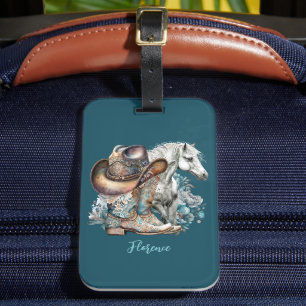 Cowgirl horse cowboy boots hat floral western luggage tag