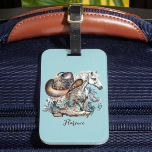 Cowgirl horse cowboy boots hat floral western  luggage tag