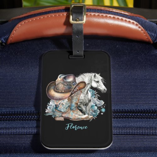 Cowgirl horse cowboy boots hat floral western  luggage tag