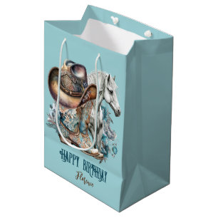 Cowgirl horse cowboy boots hat floral western medium gift bag