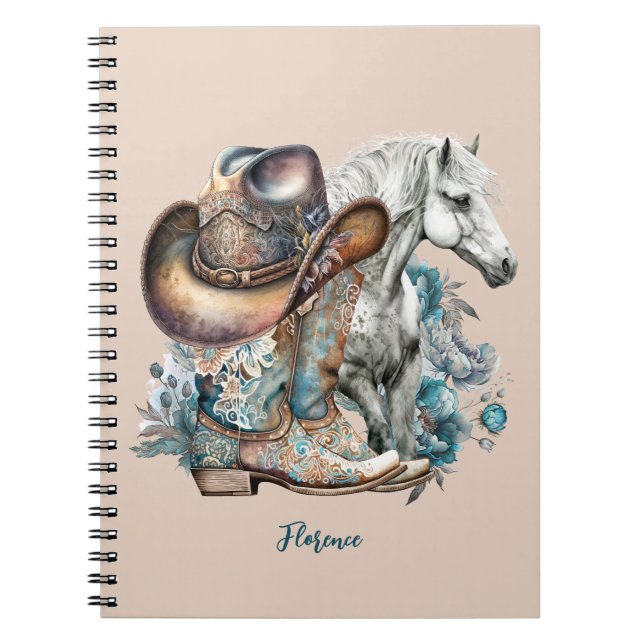 Cowgirl horse cowboy boots hat floral western  notebook (Front)