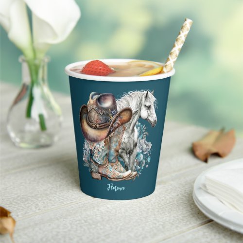 Cowgirl horse cowboy boots hat floral western  paper cups