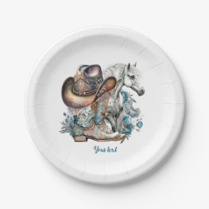 Cowgirl horse cowboy boots hat floral western paper plates