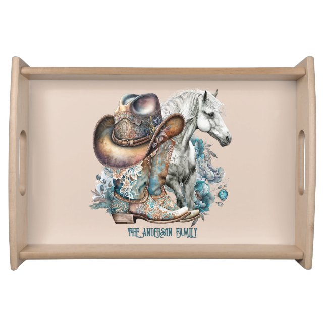 Cowgirl horse cowboy boots hat floral western  serving tray (Front)