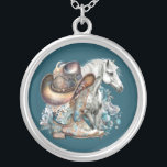 Cowgirl horse cowboy boots hat floral western  silver plated necklace<br><div class="desc">Cowgirl,  horse lover design with cowboy boots,  cowboy hat,  a beautiful horse,  turquoise flowers and personalized name or any text. Western,  country design.</div>