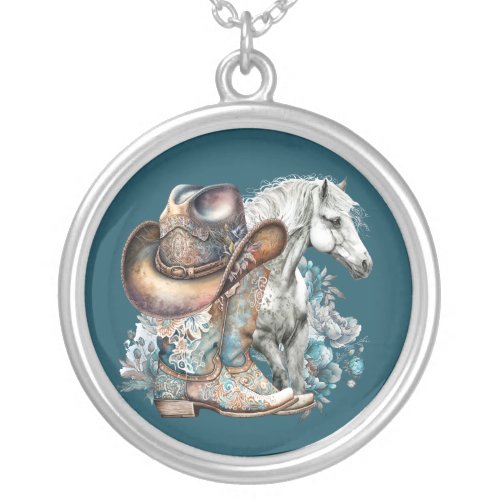 Cowgirl horse cowboy boots hat floral western  silver plated necklace
