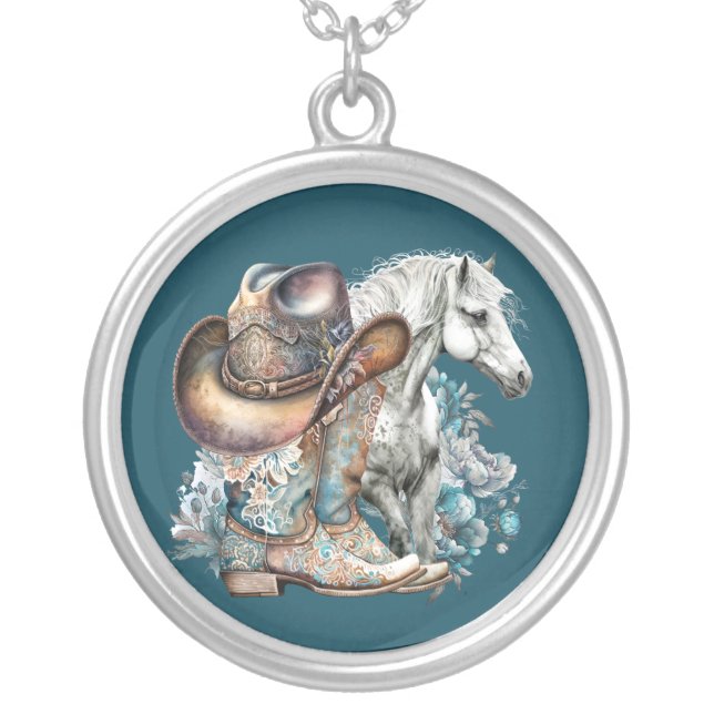 Cowgirl horse cowboy boots hat floral western  silver plated necklace (Front)
