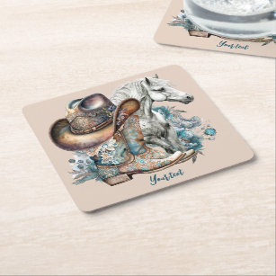 Cowgirl horse cowboy boots hat floral western  square paper coaster