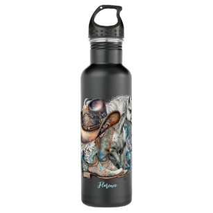Cowgirl horse cowboy boots hat floral western  stainless steel water bottle