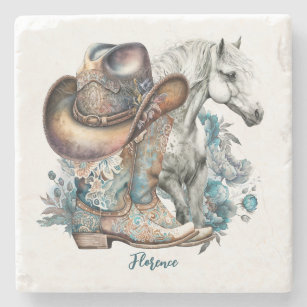 Cowgirl horse cowboy boots hat floral western  stone coaster