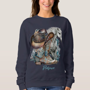 Cowgirl horse cowboy boots hat floral western sweatshirt