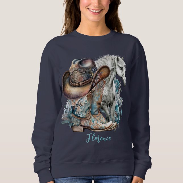 Cowgirl horse cowboy boots hat floral western  sweatshirt (Front)