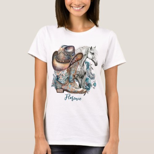 Cowgirl horse cowboy boots hat floral western  T_Shirt