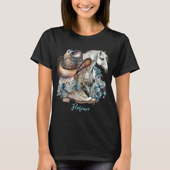 Cowgirl horse cowboy boots hat floral western  T-Shirt (Front)