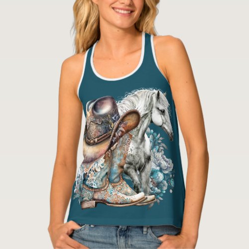 Cowgirl horse cowboy boots hat floral western  tank top