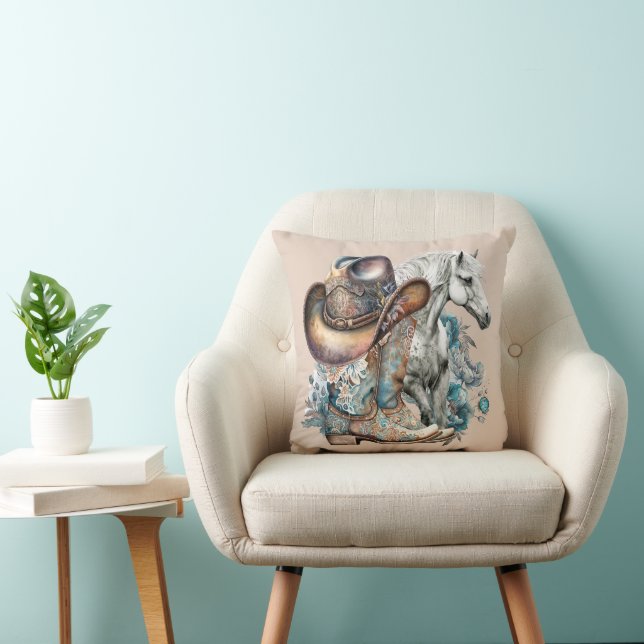 Cowgirl horse cowboy boots hat floral western  throw pillow (Chair)