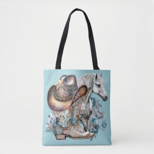 Cowgirl horse cowboy boots hat floral western  tote bag