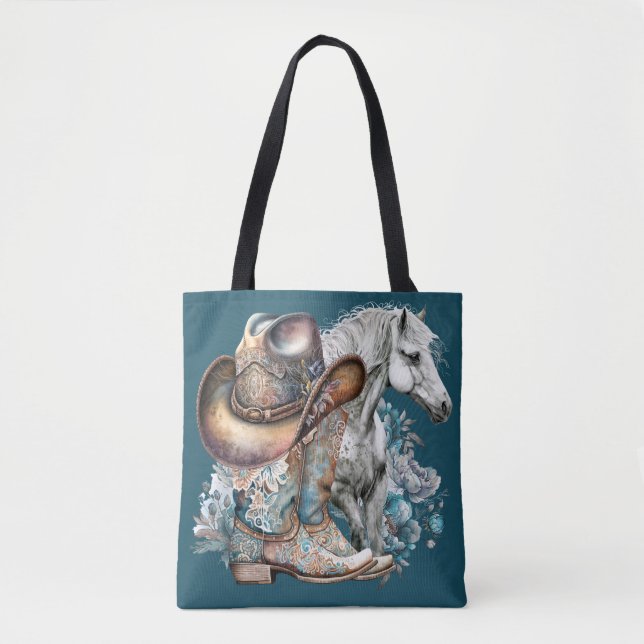Cowgirl horse cowboy boots hat floral western  tote bag (Front)
