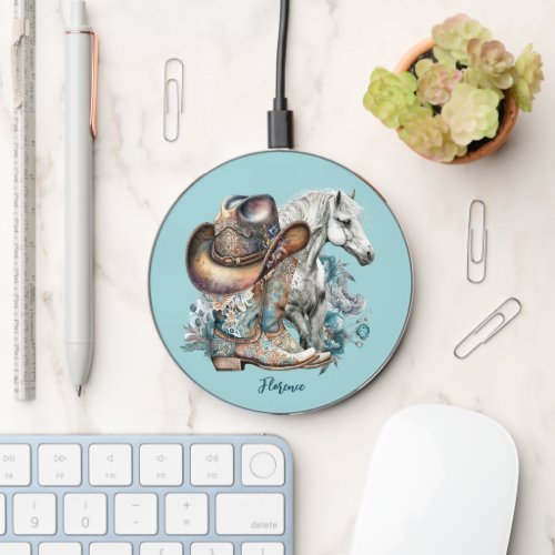 Cowgirl horse cowboy boots hat floral western  wireless charger 