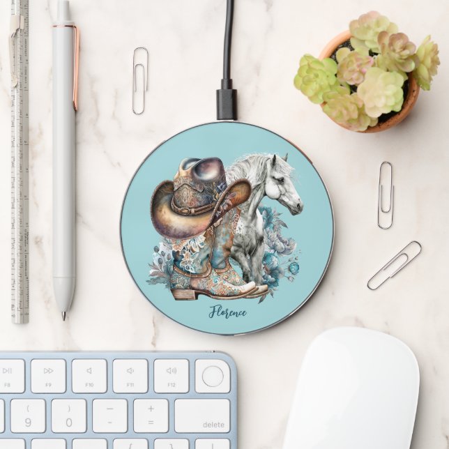 Cowgirl horse cowboy boots hat floral western  wireless charger  (Desk)