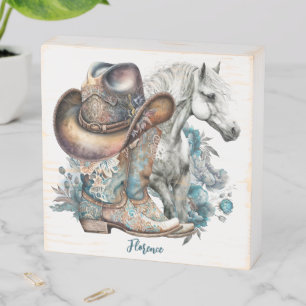 Cowgirl horse cowboy boots hat floral western wooden box sign