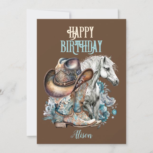 Cowgirl horse floral western brown Birthday (Front)