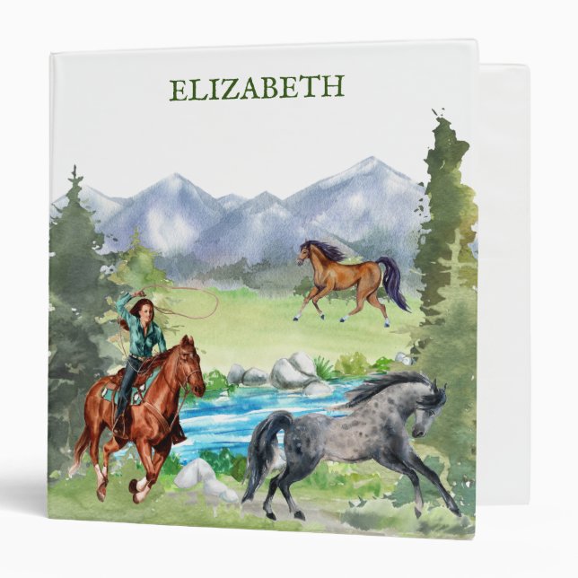 Cowgirl Horse Lover Watercolor Landscape 3 Ring Binder (Front/Inside)