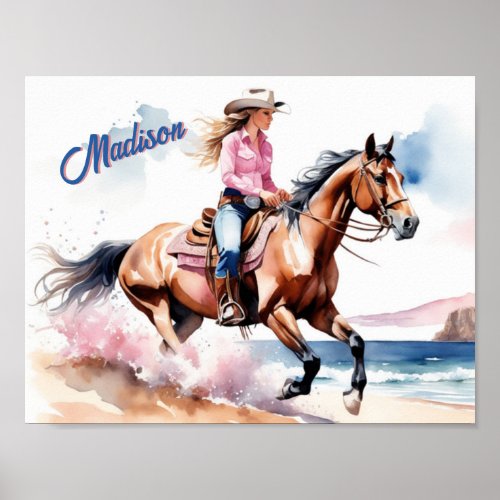 Cowgirl Horseback Riding on Beach by Ocean Custom Poster