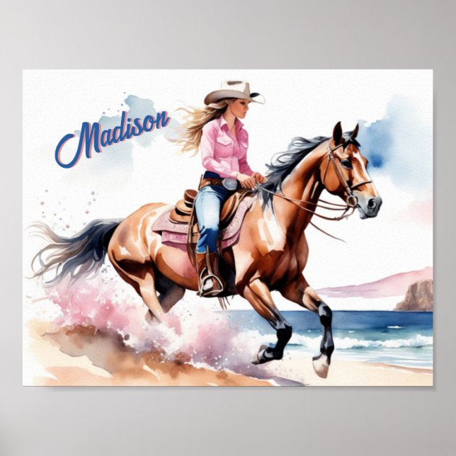 Cowgirl Horseback Riding on Beach by Ocean Custom Poster (Front)