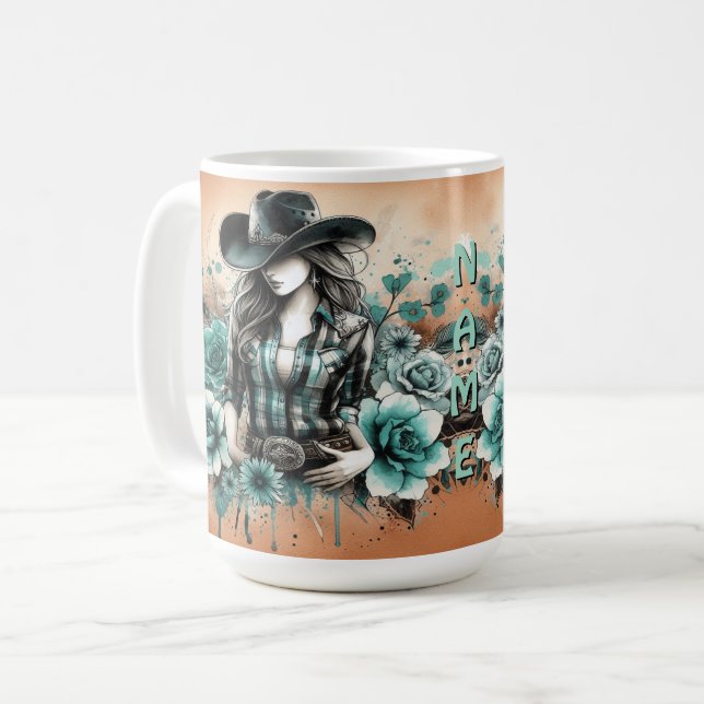 Cowgirl Illustration and Floral Background Art Coffee Mug (Front Left)