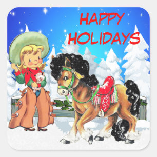 Cowgirl Kid With Horse Custom Holiday Sticker