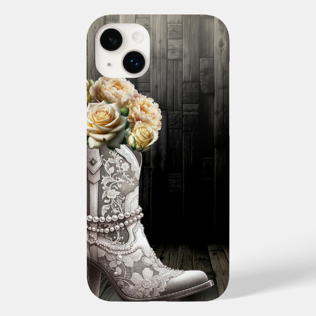 Cowgirl Lace Boots & White Flowers Rustic Bridal  Case-Mate iPhone Case (Back)
