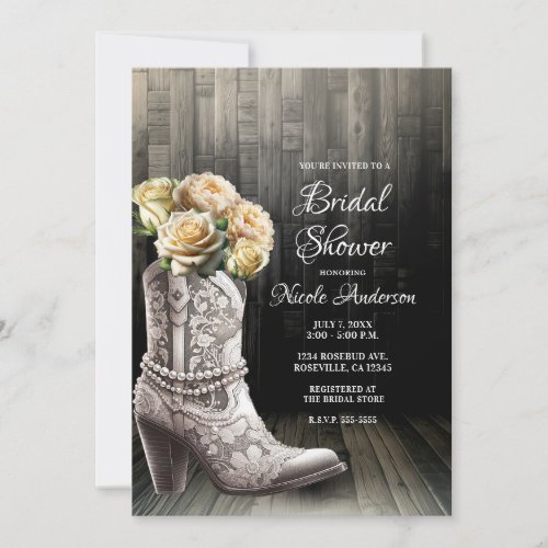 Cowgirl Lace Boots  White Flowers Rustic Bridal  Invitation
