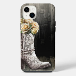 Cowgirl Lace Boots & White Flowers Rustic Bridal iPhone 14 Plus Case