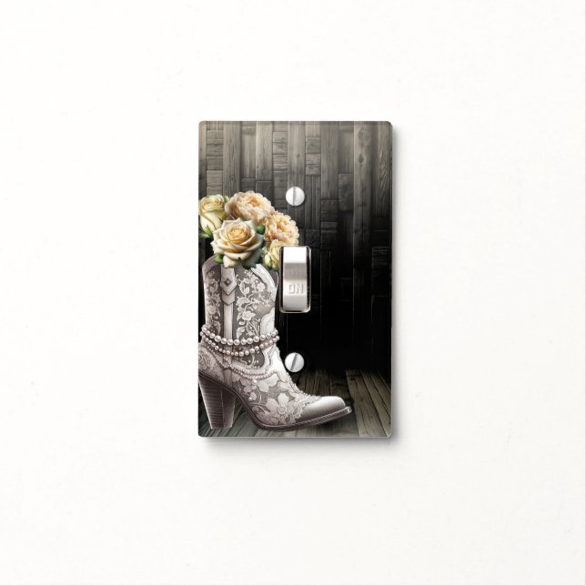 Cowgirl Lace Boots & White Flowers Rustic Bridal  Light Switch Cover (In Situ)