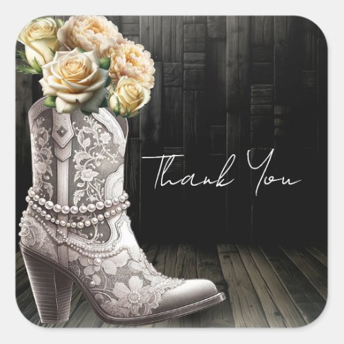 Cowgirl Lace Boots  White Flowers Rustic Bridal  Square Sticker