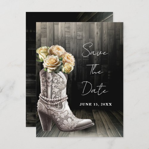 Cowgirl Lace Boots  White Flowers Save the Date  Announcement Postcard