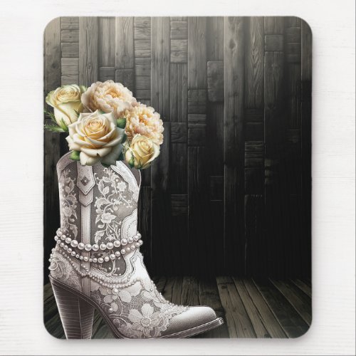 Cowgirl Lace  Pearls Boots White Flowers Rustic  Mouse Pad