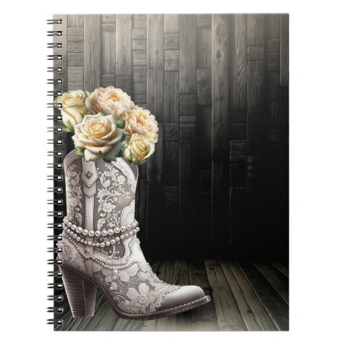 Cowgirl Lace  Pearls Boots White Flowers Rustic  Notebook
