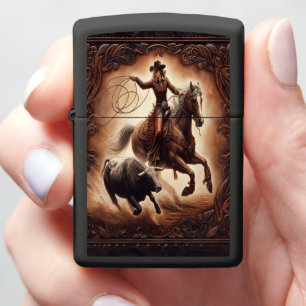 Cowgirl Lassoing Bull Zippo Lighter