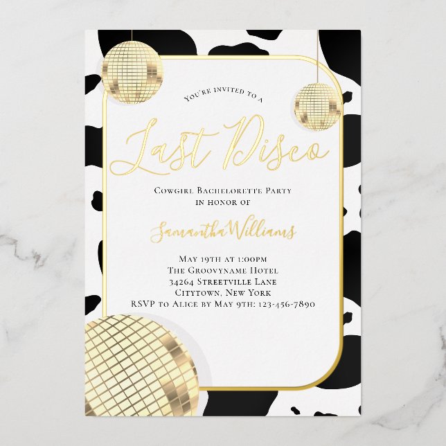 Cowgirl Last Disco Bachelorette Party Foil Invitation (Front)